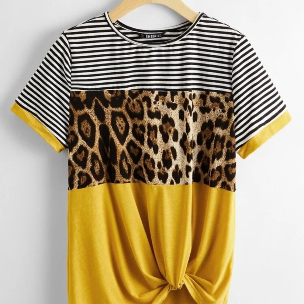 Twisted Front Color Block Leopard Tee